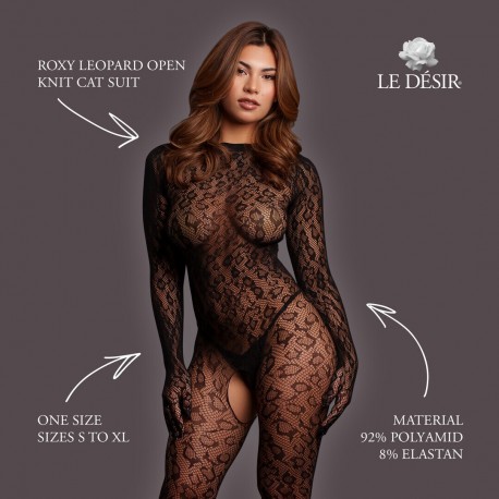 ROXY - LEOPARD OPEN KNIT CAT SUIT - ONE SIZE - BLACK